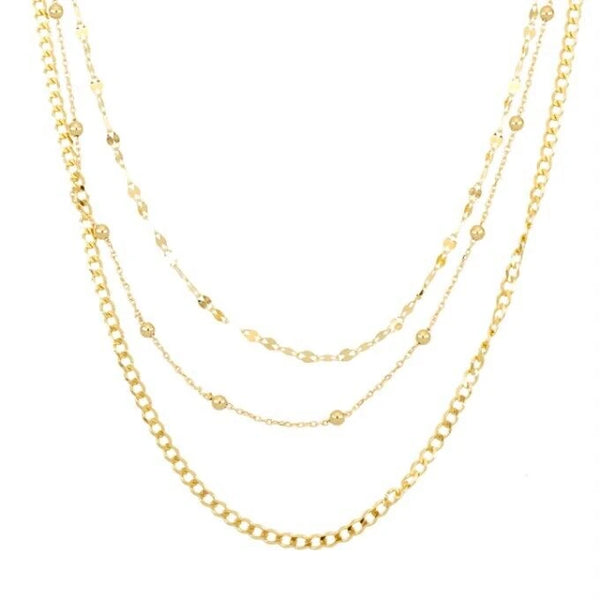 Three-strand layered gold necklace of fine chains and bead stations