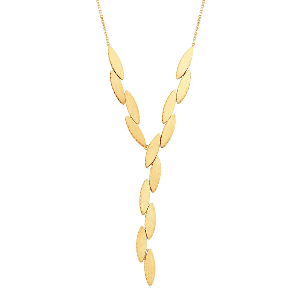 Gold Y-lariat necklace with a drop of marquise-shaped discs