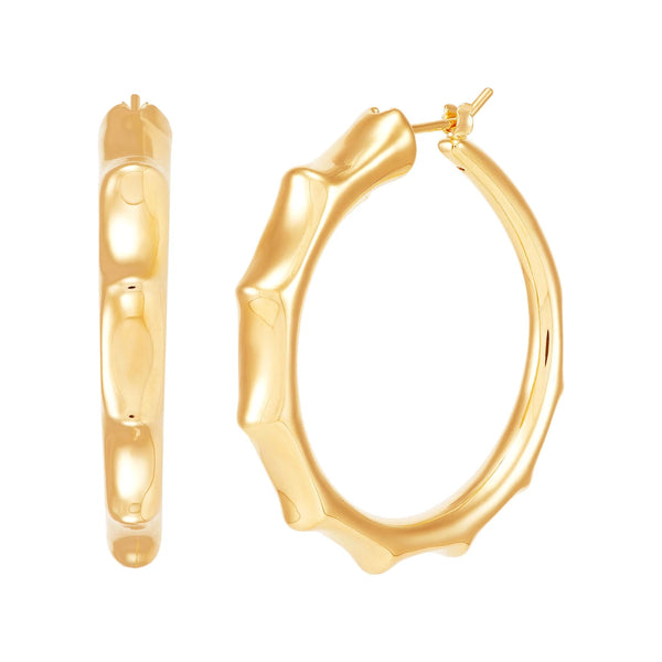 Gold hoop earrings with sculpted, segmented sides, one shown from the side